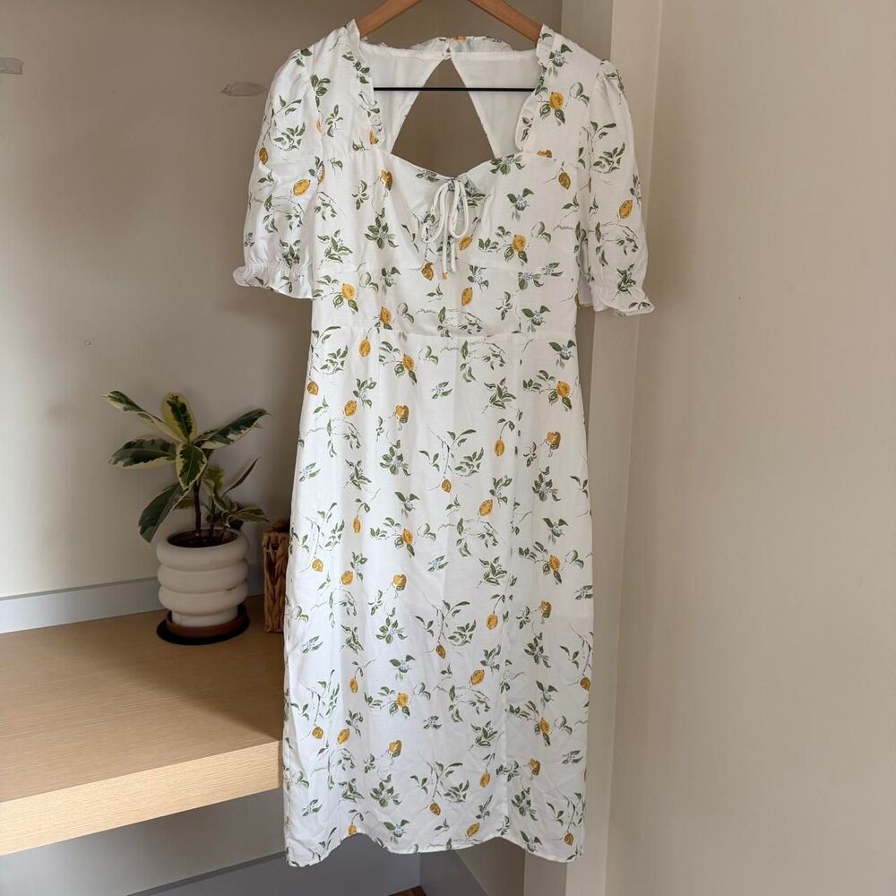 Rihoas Vintage Inspired Cottage Lemon Print Midi Dress Medium NWT